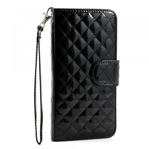 Wholesale Samsung Galaxy Note 4 Glossy Quilted Flip Leather Wallet Case w Stand and Strap (Black)